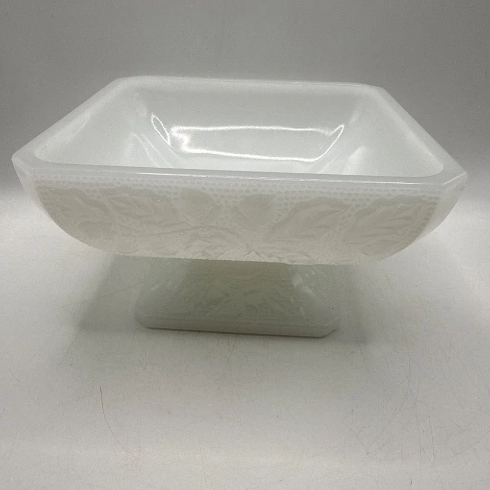 Vintage Jeanette Milk Glass Square Pedestal Candy Dish Acorn & Leaf Pattern